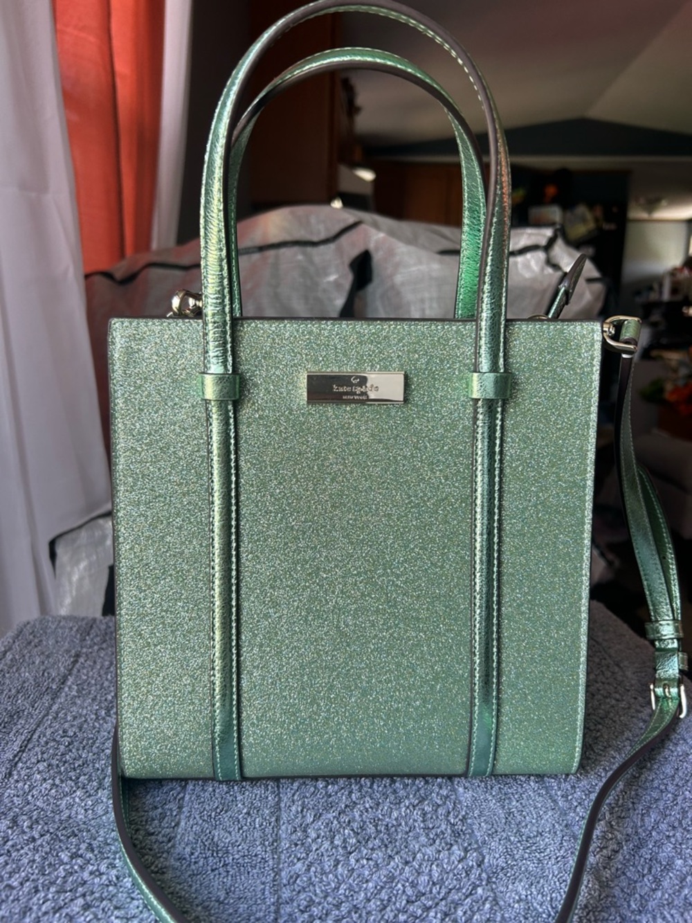 kate spade metallic green glitter mini tote